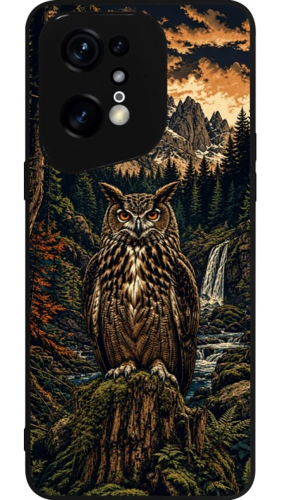 Coque OPPO Find X5 Pro - Silicone rigide noir Linocut Grand-Duc