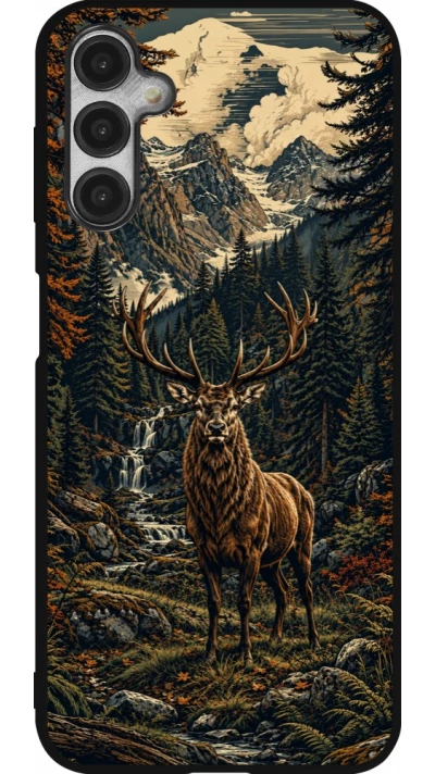 Coque Samsung Galaxy A14 5G - Silicone rigide noir Linocut Cerf