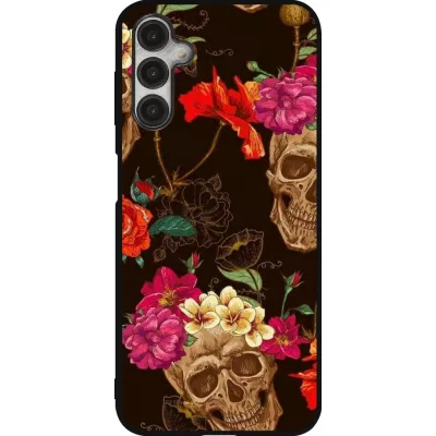Coque Samsung Galaxy A14 5G - Silicone rigide noir Skulls and flowers
