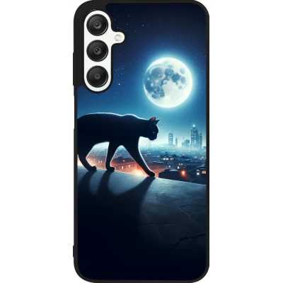Coque Samsung Galaxy A25 - Silicone rigide noir Chat noir sous la pleine lune