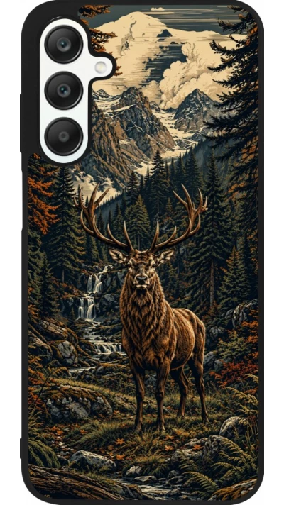 Coque Samsung Galaxy A25 - Silicone rigide noir Linocut Cerf