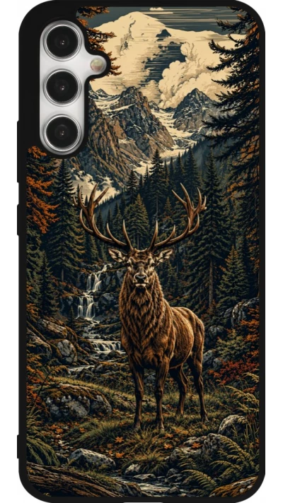 Coque Samsung Galaxy A34 5G - Silicone rigide noir Linocut Cerf