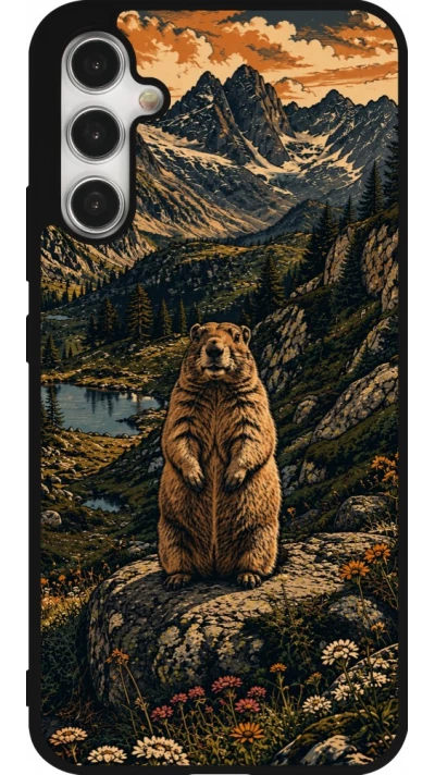 Coque Samsung Galaxy A34 5G - Silicone rigide noir Linocut Marmotte