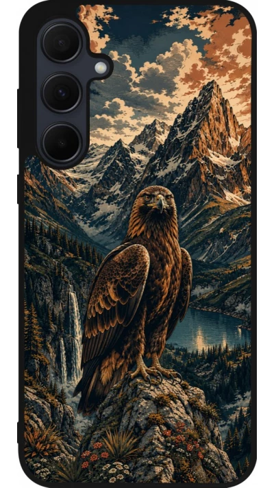 Coque Samsung Galaxy A35 5G - Silicone rigide noir Linocut Aigle Royal