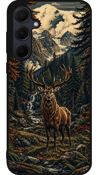 Coque Samsung Galaxy A35 5G - Silicone rigide noir Linocut Cerf