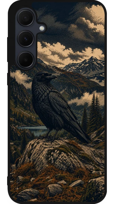 Coque Samsung Galaxy A35 5G - Silicone rigide noir Linocut Grand Corbeau