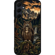 Coque Samsung Galaxy A35 5G - Silicone rigide noir Linocut Grand-Duc