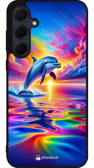 Coque Samsung Galaxy A36 - Silicone rigide noir Dauphin arc-en-ciel heureux