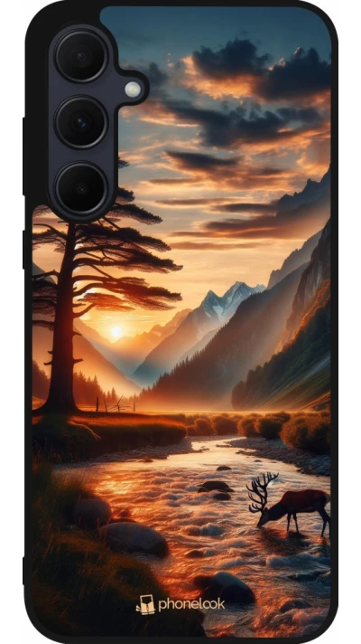 Samsung Galaxy A36 Case Hülle - Silikon schwarz Tal Sonnenuntergang Hirsch Baum