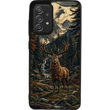 Coque Samsung Galaxy A52 - Silicone rigide noir Linocut Cerf