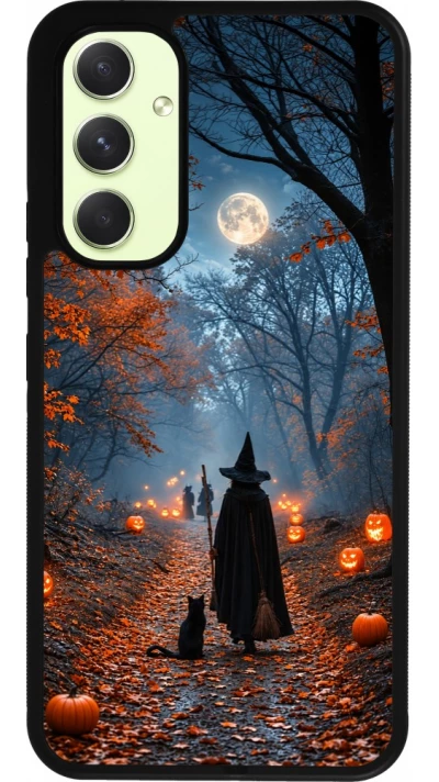 Coque Samsung Galaxy A54 5G - Silicone rigide noir Halloween 2026 Witch with a cat
