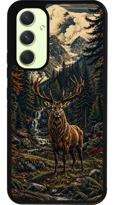 Coque Samsung Galaxy A54 5G - Silicone rigide noir Linocut Cerf