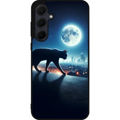Coque Samsung Galaxy A55 5G - Silicone rigide noir Chat noir sous la pleine lune