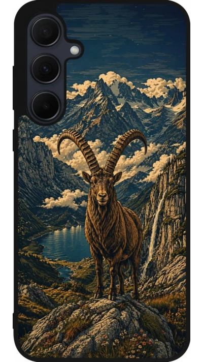 Coque Samsung Galaxy A55 5G - Silicone rigide noir Linocut Bouquetin