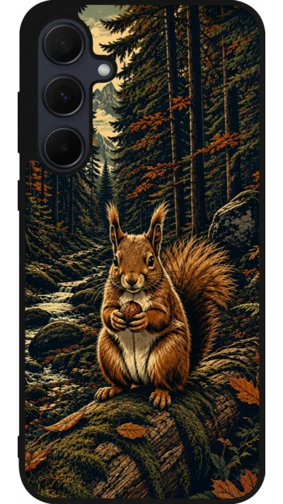 Coque Samsung Galaxy A55 5G - Silicone rigide noir Linocut Ecureuil