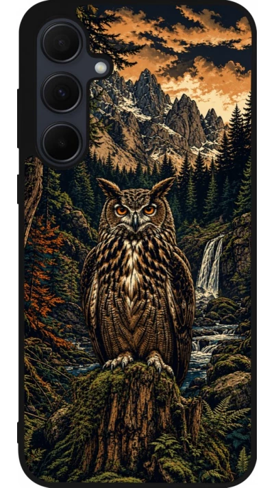 Coque Samsung Galaxy A55 5G - Silicone rigide noir Linocut Grand-Duc