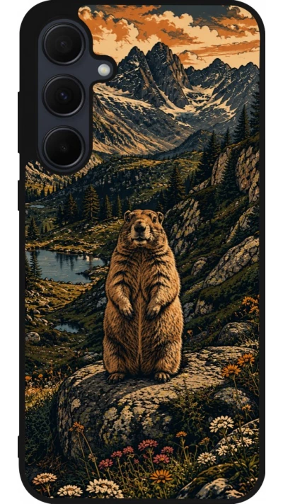 Coque Samsung Galaxy A55 5G - Silicone rigide noir Linocut Marmotte