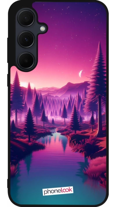 Coque Samsung Galaxy A55 5G - Silicone rigide noir Paysage Violet-Rose