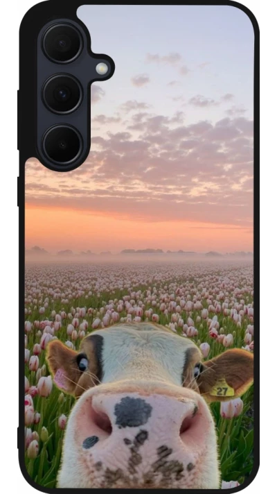 Samsung Galaxy A55 5G Case Hülle - Silikon schwarz Cow with tulips Spring 2026