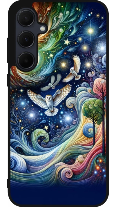 Coque Samsung Galaxy A56 - Silicone rigide noir hibou volant floral
