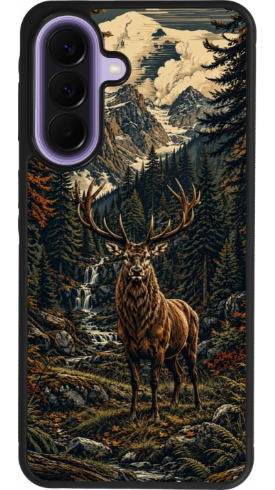 Coque Samsung Galaxy A57 5G - Silicone rigide noir Linocut Cerf