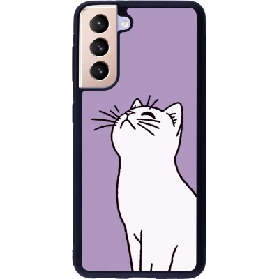 Coque Samsung Galaxy S21 5G - Silicone rigide noir Chat sur fond violet