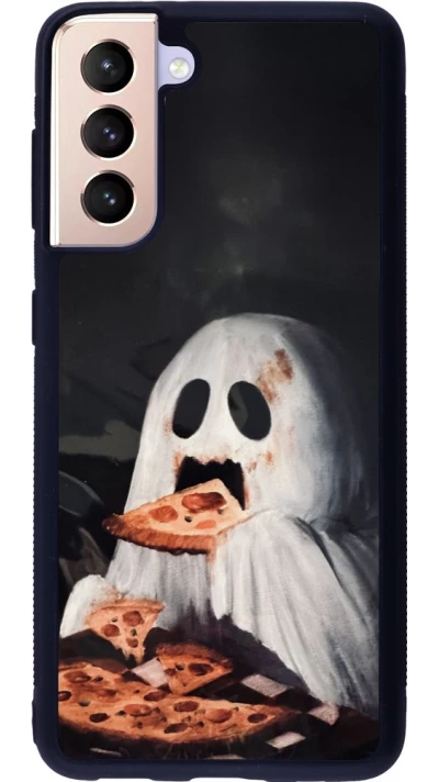 Coque Samsung Galaxy S21 5G - Silicone rigide noir Halloween 2026 Ghost eating pizza