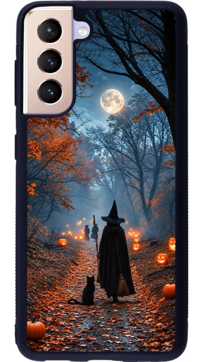Coque Samsung Galaxy S21 5G - Silicone rigide noir Halloween 2026 Witch with a cat