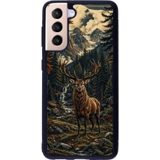 Coque Samsung Galaxy S21 5G - Silicone rigide noir Linocut Cerf
