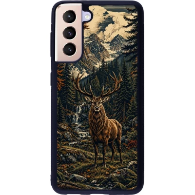 Coque Samsung Galaxy S21 5G - Silicone rigide noir Linocut Cerf