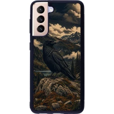Coque Samsung Galaxy S21 5G - Silicone rigide noir Linocut Grand Corbeau