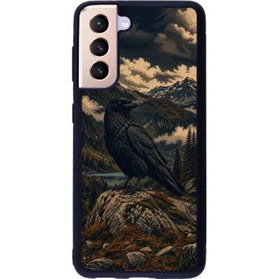 Coque Samsung Galaxy S21 5G - Silicone rigide noir Linocut Grand Corbeau
