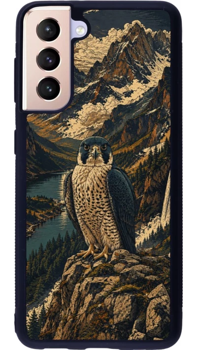Samsung Galaxy S21 5G Case Hülle - Silikon schwarz Linocut Wanderfalke