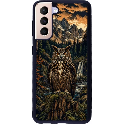 Coque Samsung Galaxy S21 5G - Silicone rigide noir Linocut Grand-Duc