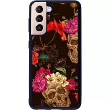 Hülle Samsung Galaxy S21 5G - Silikon schwarz Skulls and flowers
