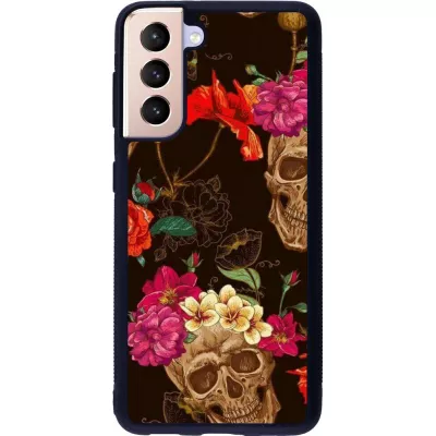 Hülle Samsung Galaxy S21 5G - Silikon schwarz Skulls and flowers
