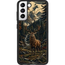 Coque Samsung Galaxy S21 FE 5G - Silicone rigide noir Linocut Cerf