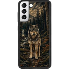 Coque Samsung Galaxy S21 FE 5G - Silicone rigide noir Linocut Loup