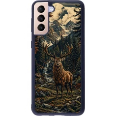Coque Samsung Galaxy S21+ 5G - Silicone rigide noir Linocut Cerf
