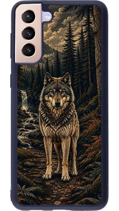 Coque Samsung Galaxy S21+ 5G - Silicone rigide noir Linocut Loup