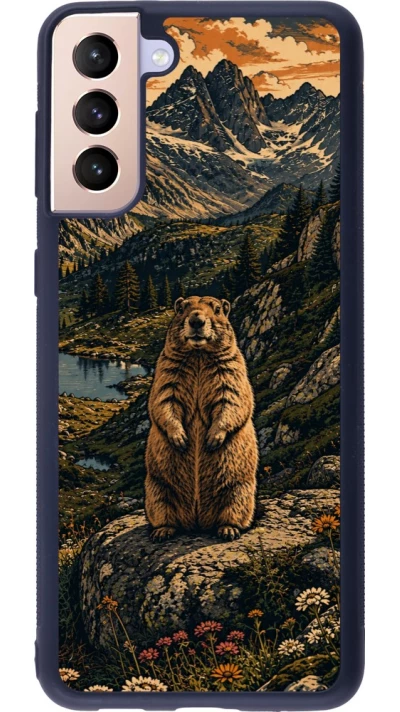 Coque Samsung Galaxy S21+ 5G - Silicone rigide noir Linocut Marmotte