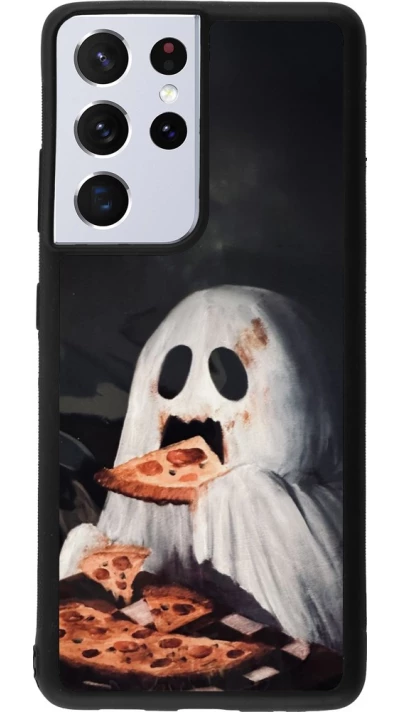 Coque Samsung Galaxy S21 Ultra 5G - Silicone rigide noir Halloween 2026 Ghost eating pizza