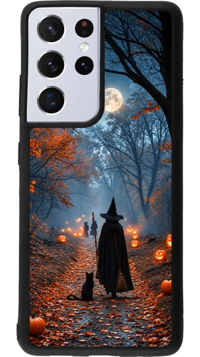 Coque Samsung Galaxy S21 Ultra 5G - Silicone rigide noir Halloween 2026 Witch with a cat