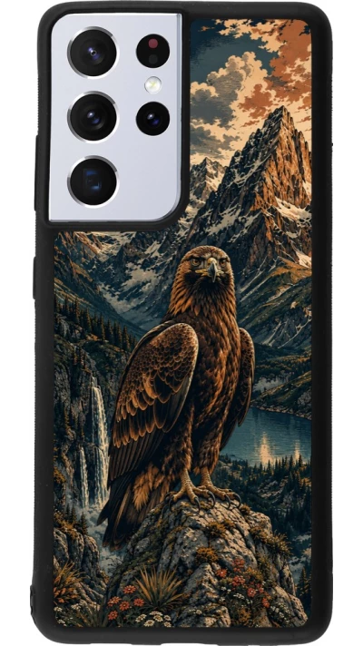 Coque Samsung Galaxy S21 Ultra 5G - Silicone rigide noir Linocut Aigle Royal