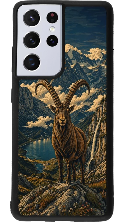 Coque Samsung Galaxy S21 Ultra 5G - Silicone rigide noir Linocut Bouquetin