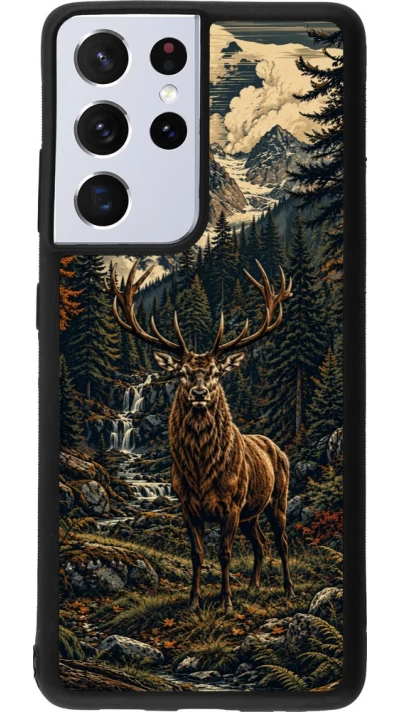 Coque Samsung Galaxy S21 Ultra 5G - Silicone rigide noir Linocut Cerf