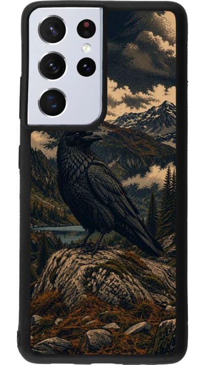 Coque Samsung Galaxy S21 Ultra 5G - Silicone rigide noir Linocut Grand Corbeau