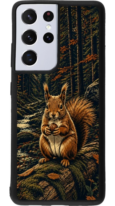 Coque Samsung Galaxy S21 Ultra 5G - Silicone rigide noir Linocut Ecureuil