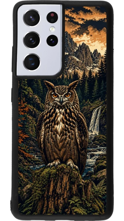 Coque Samsung Galaxy S21 Ultra 5G - Silicone rigide noir Linocut Grand-Duc