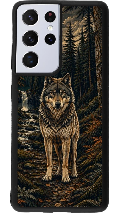 Coque Samsung Galaxy S21 Ultra 5G - Silicone rigide noir Linocut Loup